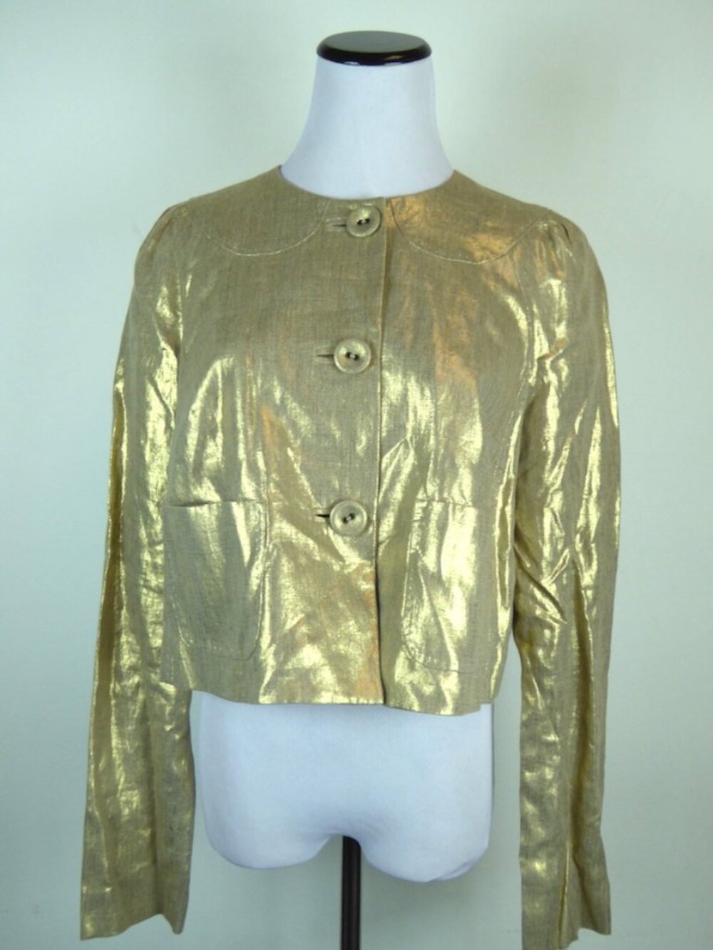 Whistles LONDON gold metallic LINEN cropped blazer JACKET button up 8